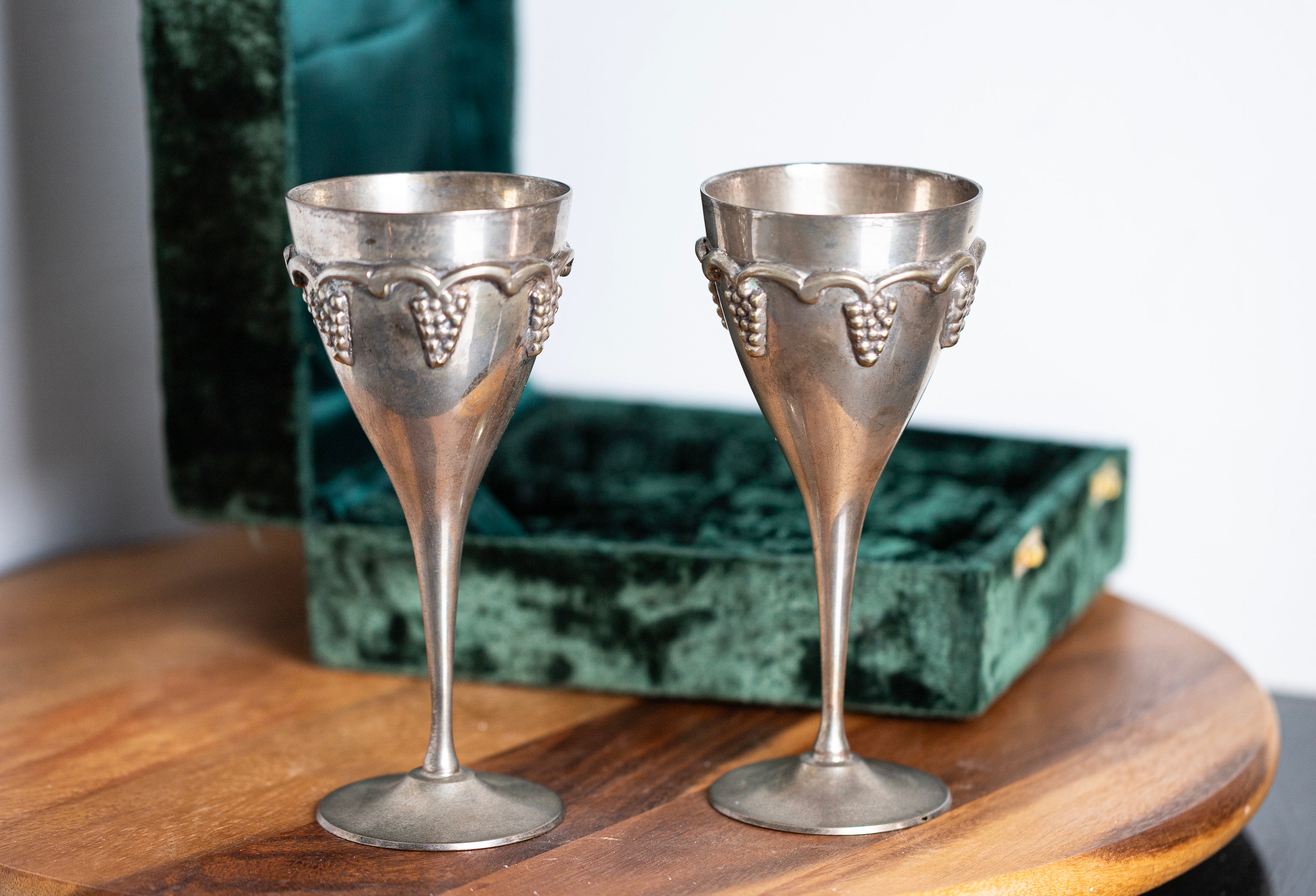 Vintage brass goblets set with green velvet box