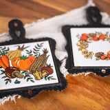 Vintage Cast Iron Trivet Set with Autumn Harvest Tiles