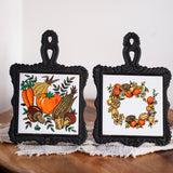 Vintage Cast Iron Trivet Set with Autumn Harvest Tiles