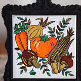 Vintage Cast Iron Trivet Set with Autumn Harvest Tiles