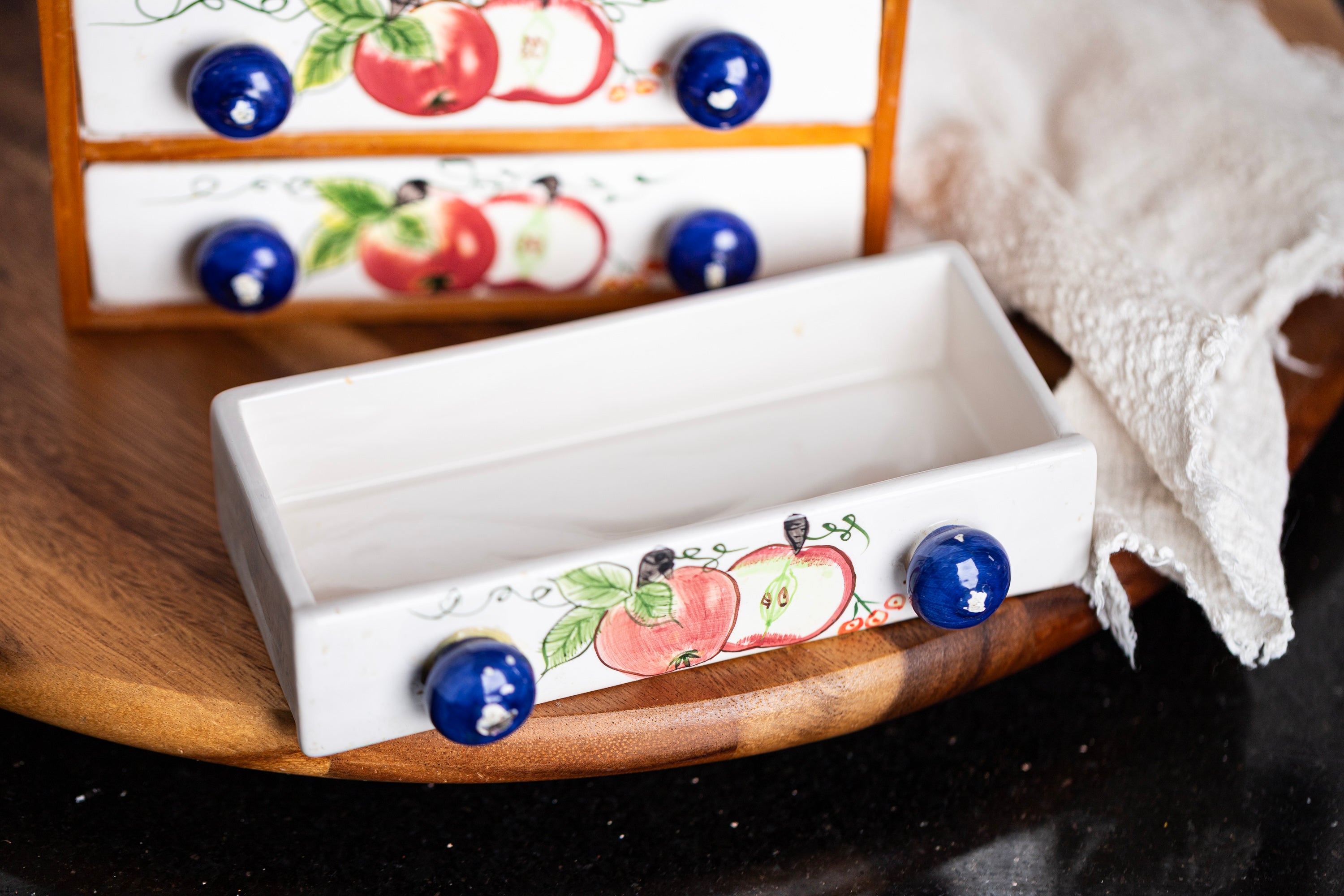 Cottagecore wooden spice cabinet with ceramic drawers and hand painted apples
