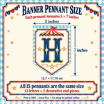 Banner size guide showing each pointed pennant measures 5 inches wide by 7 inches tall. Includes 15 pennants.