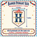 Banner size guide showing each pointed pennant measures 5 inches wide by 7 inches tall. Includes 15 pennants.