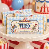 Personalized vintage circus chocolate bar wrappers with Theo’s name displayed on a cream cake stand at a first birthday party.