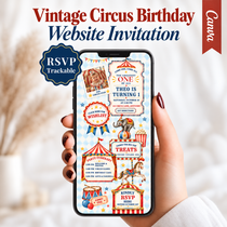 Vintage circus birthday website invitation displayed on a handheld phone, with an RSVP tracking badge and Canva template label