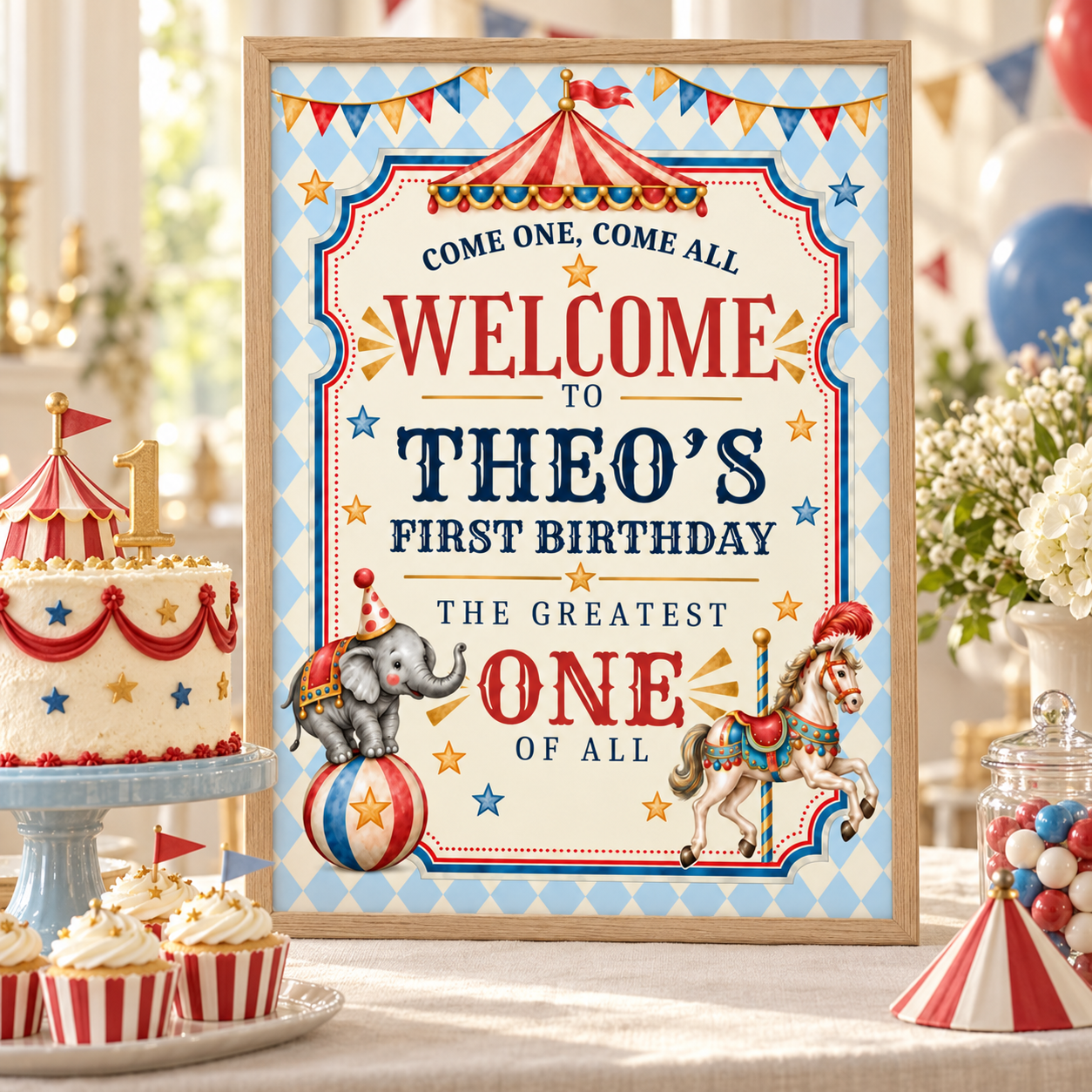 Framed vintage circus first birthday welcome sign beside a matching cake and cupcakes on a dessert table.