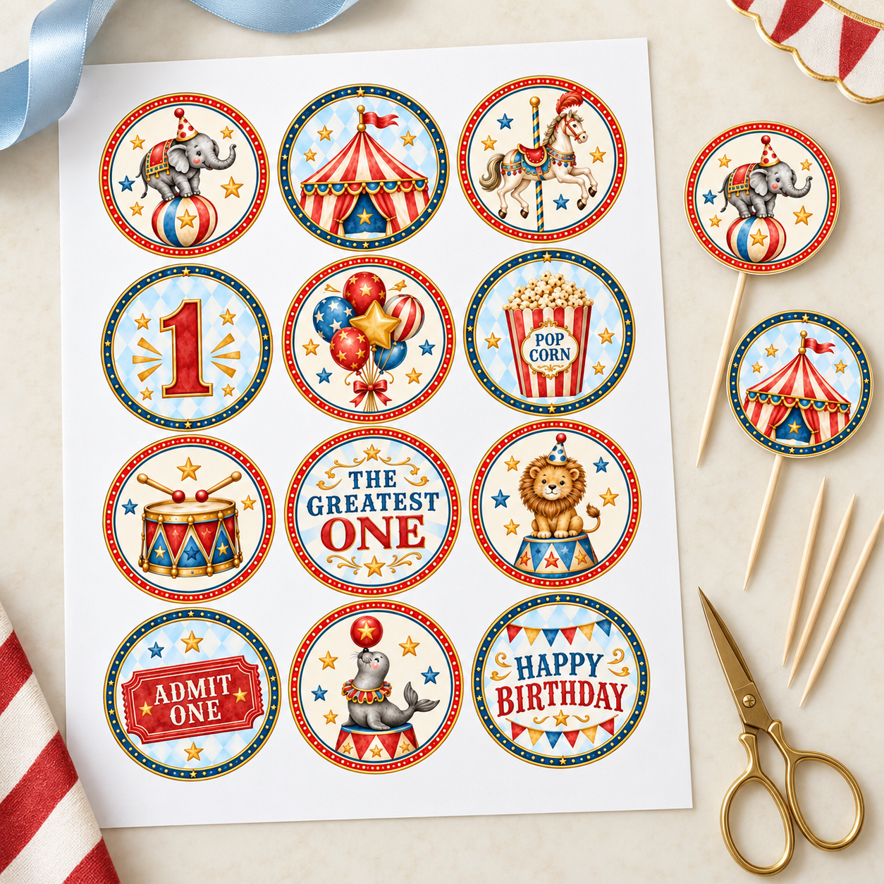 Sheet of 12 vintage circus cupcake topper designs beside scissors, wooden sticks, and assembled elephant and circus tent toppers.