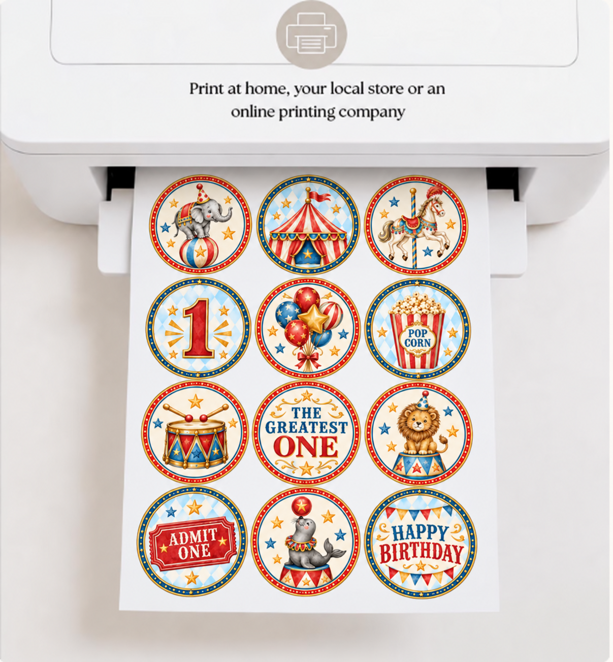White printer producing a sheet of 12 colorful vintage circus cupcake toppers arranged in three columns and four rows.