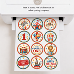 White printer producing a sheet of 12 colorful vintage circus cupcake toppers arranged in three columns and four rows.