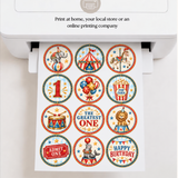 White printer producing a sheet of 12 colorful vintage circus cupcake toppers arranged in three columns and four rows.