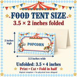 Circus food tent size guide showing 3.5 inches wide by 2 inches high folded and 3.5 by 4 inches unfolded.