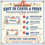 Instructions for opening the food tent template link, editing text in Canva, downloading, printing and folding; artwork is fixed.