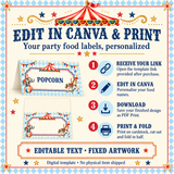 Instructions for opening the food tent template link, editing text in Canva, downloading, printing and folding; artwork is fixed.