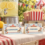 Circus lemonade and popcorn food tent cards on an outdoor refreshment table beside a drink dispenser and popcorn boxes.