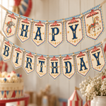 Angled close-up of vintage circus Happy Birthday pennants with red tent illustrations and powder blue diamond borders.