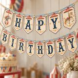 Angled close-up of vintage circus Happy Birthday pennants with red tent illustrations and powder blue diamond borders.