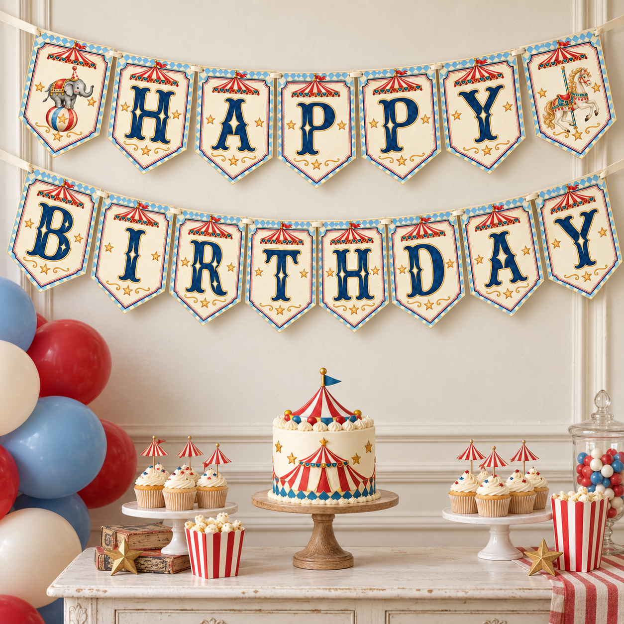 Vintage circus Happy Birthday banner with blue and gold letters, elephant and carousel horse pennants above a cake table.