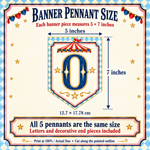 ONE banner size guide showing each pennant measures 5 inches wide by 7 inches tall, with five pieces included.