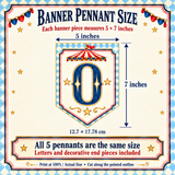ONE banner size guide showing each pennant measures 5 inches wide by 7 inches tall, with five pieces included.