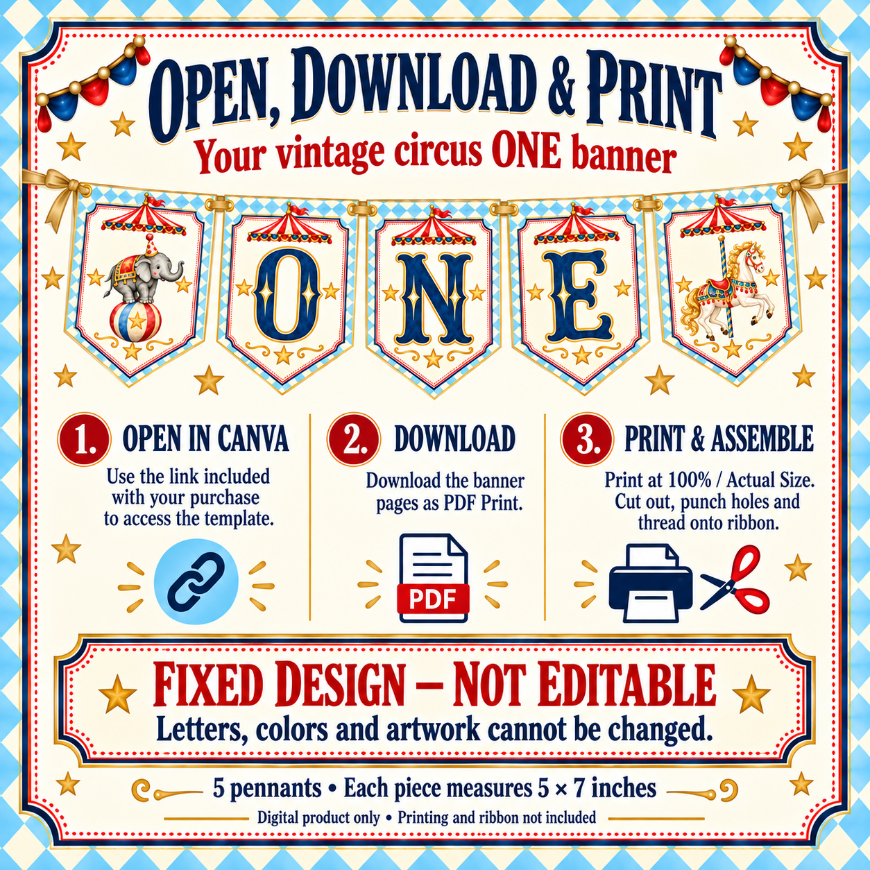 Access the ONE banner in Canva, download, print and assemble. Fixed design; letters, colors and artwork cannot be edited.