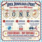 Access the ONE banner in Canva, download, print and assemble. Fixed design; letters, colors and artwork cannot be edited.