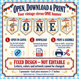 Access the ONE banner in Canva, download, print and assemble. Fixed design; letters, colors and artwork cannot be edited.