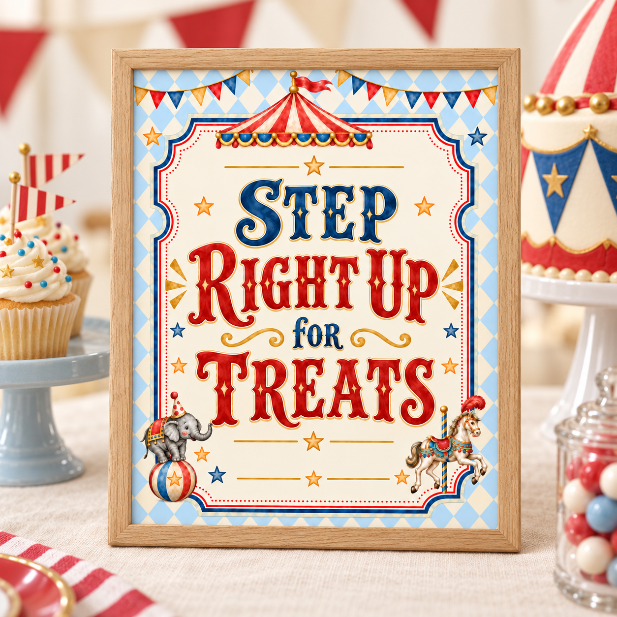 Oak-framed “Step Right Up for Treats” vintage circus dessert table sign displayed beside cupcakes and a circus birthday cake.