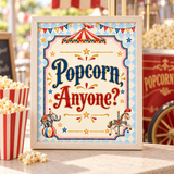 Framed “Popcorn, Anyone?” circus party sign beside red and white striped popcorn boxes at a popcorn station.