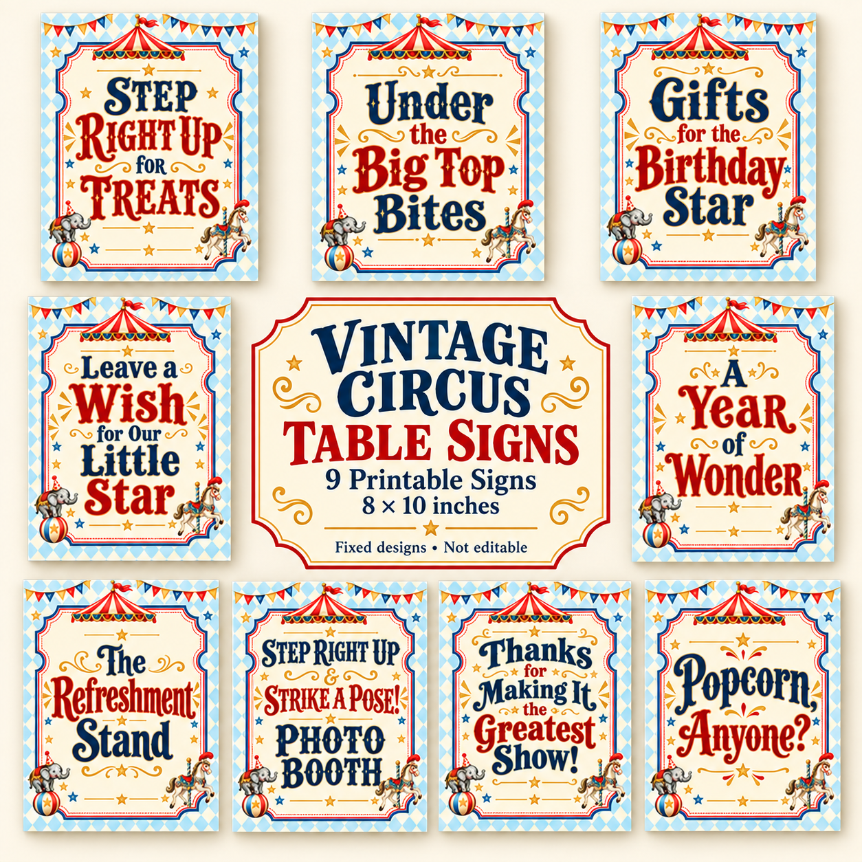 Set of nine vintage circus party table signs with red and blue lettering, elephant and carousel horse artwork, each measuring 8×10 inches.