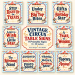 Set of nine vintage circus party table signs with red and blue lettering, elephant and carousel horse artwork, each measuring 8×10 inches.