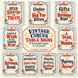 Set of nine vintage circus party table signs with red and blue lettering, elephant and carousel horse artwork, each measuring 8×10 inches.