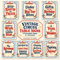 Set of nine vintage circus party table signs with red and blue lettering, elephant and carousel horse artwork, each measuring 8×10 inches.
