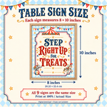 Vintage circus table sign size guide showing an 8-inch width and 10-inch height, with all nine signs the same size.
