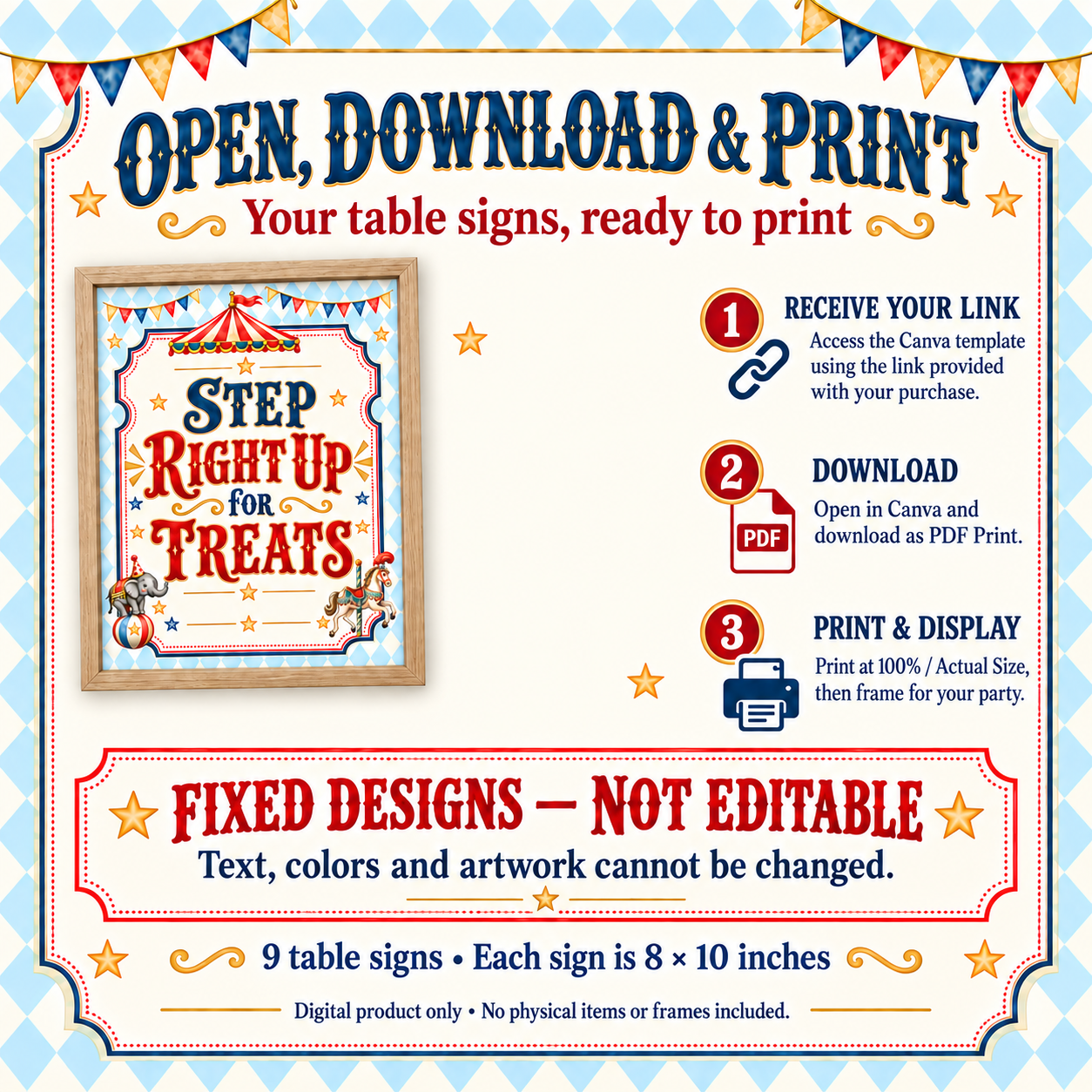Instructions for accessing circus table signs through a Canva link, downloading and printing. Fixed designs; text, colors and artwork cannot be edited.