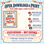 Instructions for accessing circus table signs through a Canva link, downloading and printing. Fixed designs; text, colors and artwork cannot be edited.