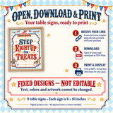 Instructions for accessing circus table signs through a Canva link, downloading and printing. Fixed designs; text, colors and artwork cannot be edited.