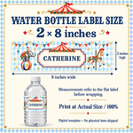 Water bottle label size guide showing a flat wrapper measuring 8 inches wide by 2 inches high, with instructions to print at 100%.