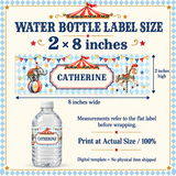 Water bottle label size guide showing a flat wrapper measuring 8 inches wide by 2 inches high, with instructions to print at 100%.
