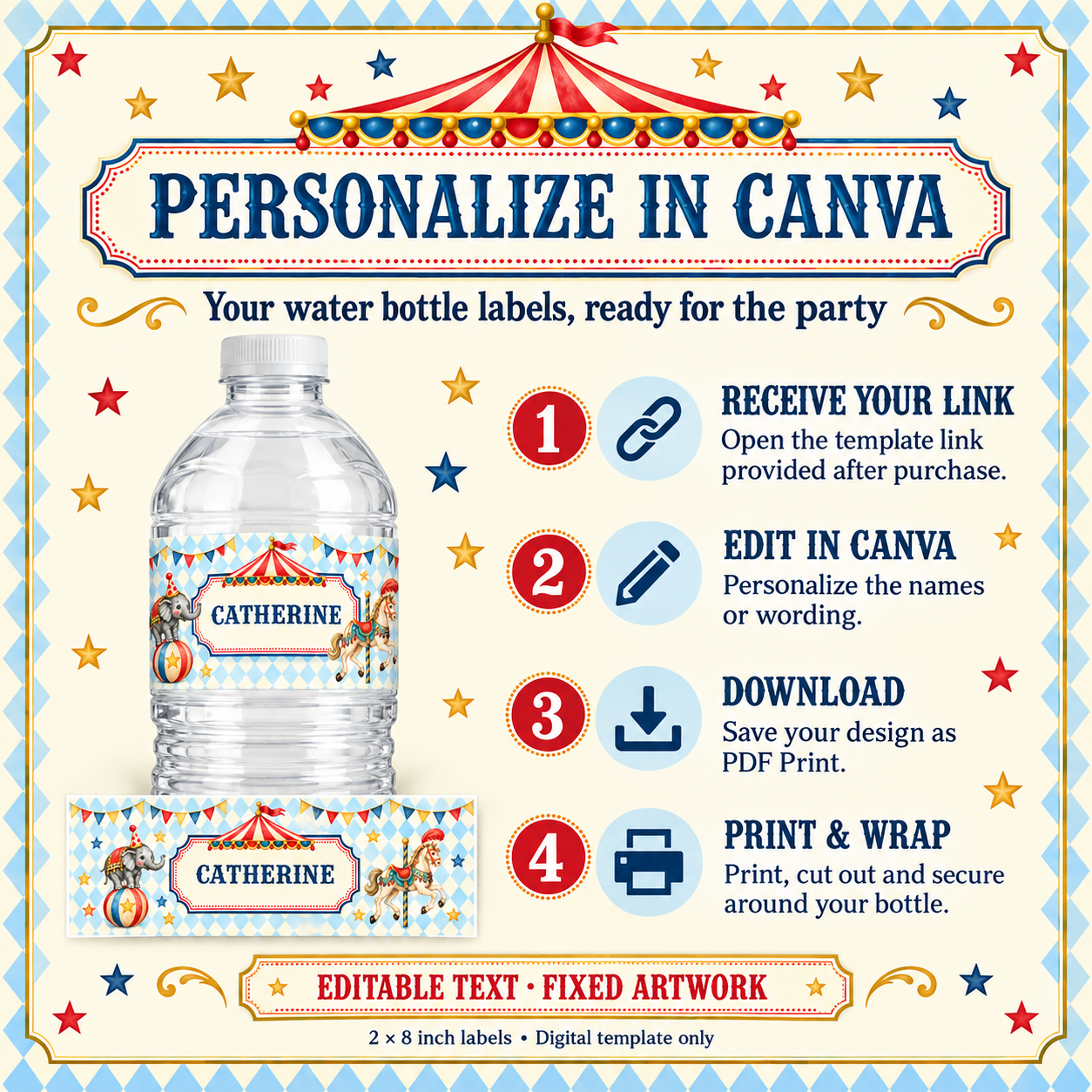 Instructions for accessing the bottle label template, editing in Canva, downloading, printing and wrapping; text editable, artwork fixed.