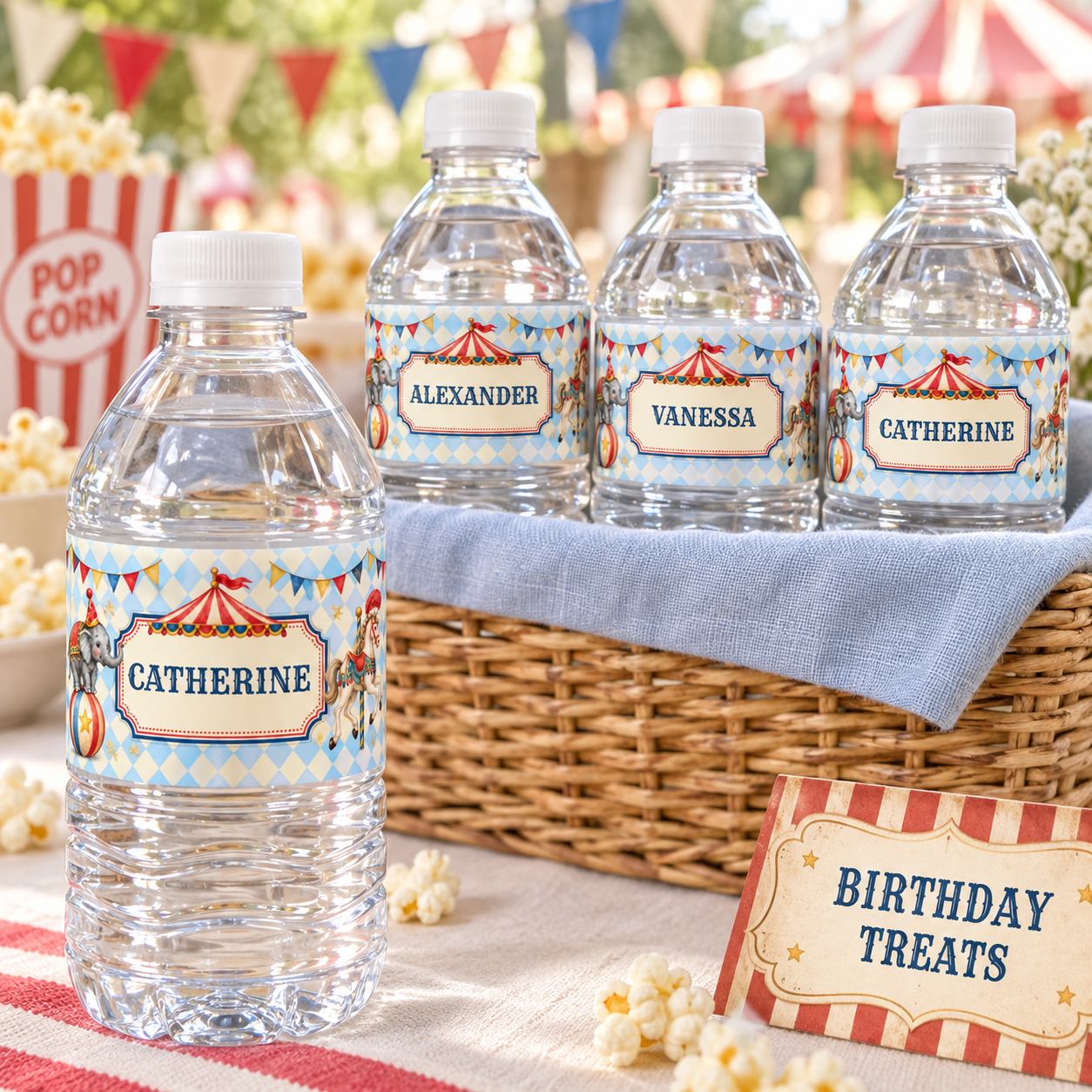 Personalized circus water bottles displayed in a wicker basket with blue linen at a birthday party favor station.