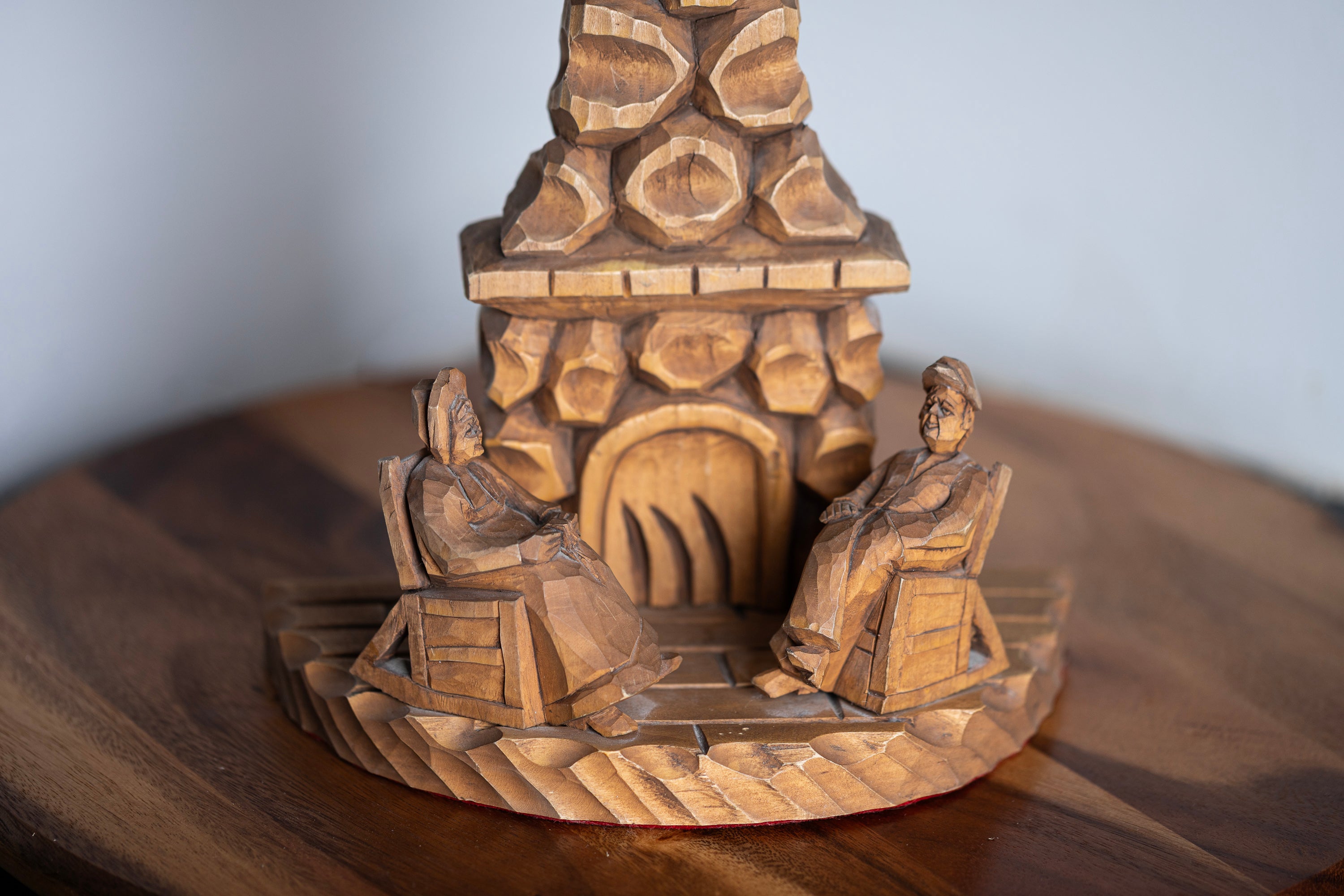 Rustic cabin style carved wood table lamp with fireplace scene