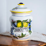 Vintage Italian Biscotti Jar | Hand Painted Ceramic Cookie Canister with Lemons & Blueberries | Italian Kitchen Decor