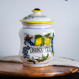 Vintage Italian Biscotti Jar | Hand Painted Ceramic Cookie Canister with Lemons & Blueberries | Italian Kitchen Decor