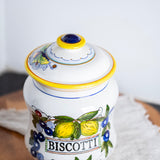 Vintage Italian Biscotti Jar | Hand Painted Ceramic Cookie Canister with Lemons & Blueberries | Italian Kitchen Decor