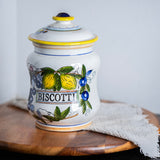 Vintage Italian Biscotti Jar | Hand Painted Ceramic Cookie Canister with Lemons & Blueberries | Italian Kitchen Decor
