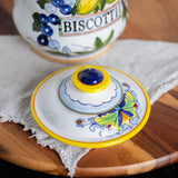 Vintage Italian Biscotti Jar | Hand Painted Ceramic Cookie Canister with Lemons & Blueberries | Italian Kitchen Decor