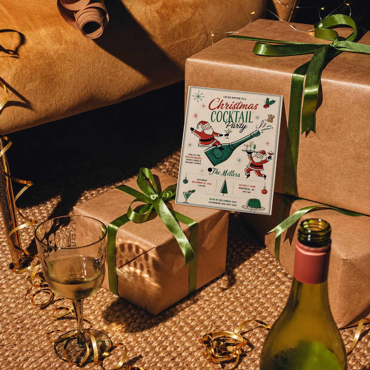Vintage holiday party invitation template displayed beside wrapped Christmas gifts.
