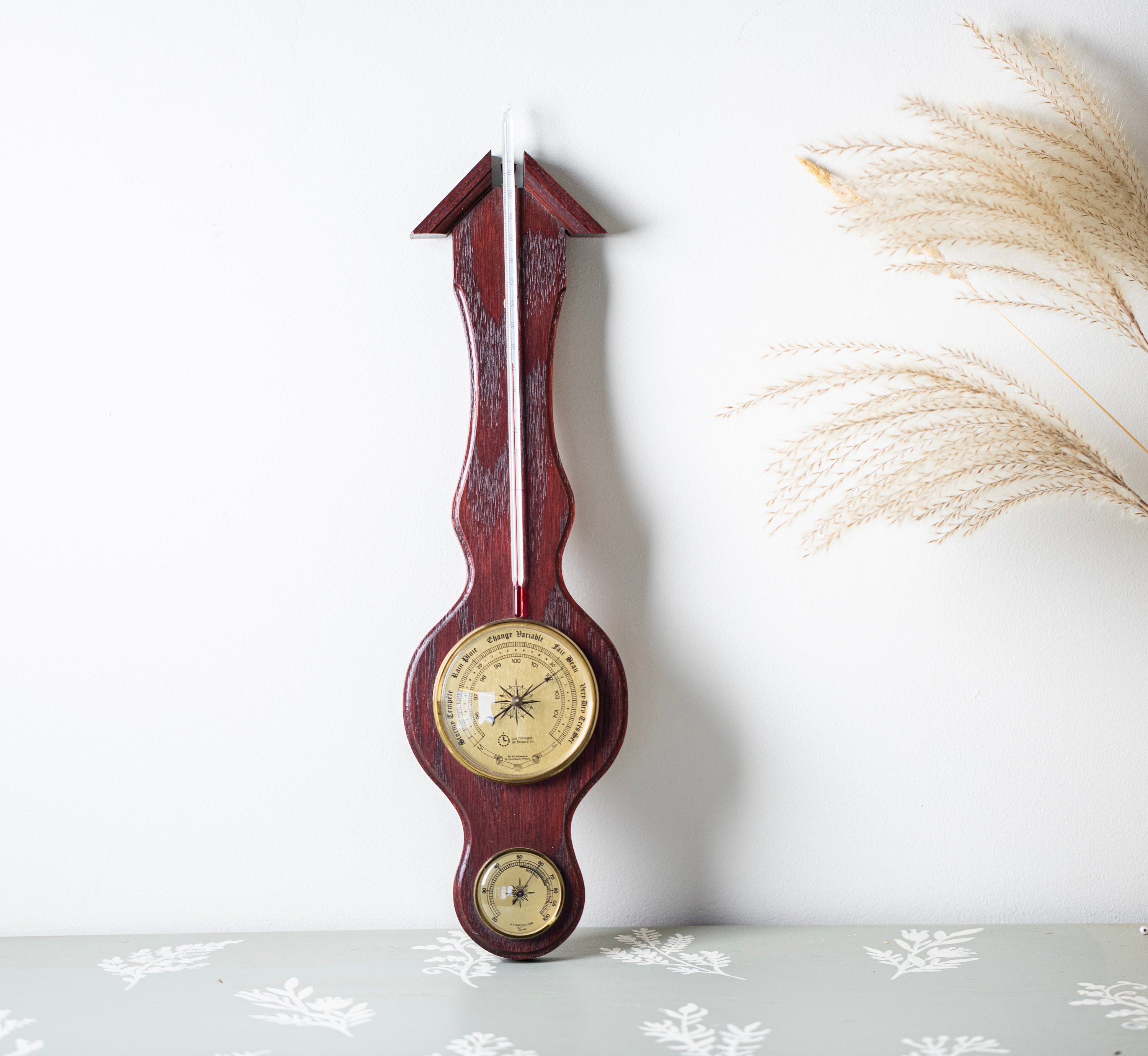 Vintage mid century weather station with barometer thermometer and hygrometer on wooden plaque