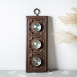 Mid century wooden wall weather station with rustic barometer and thermometer decor