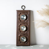 Mid century wooden wall weather station with rustic barometer and thermometer decor